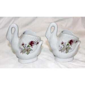 Pair of Mini Porcelain White Swan Planters 4” Tall Painted Flowers One Side